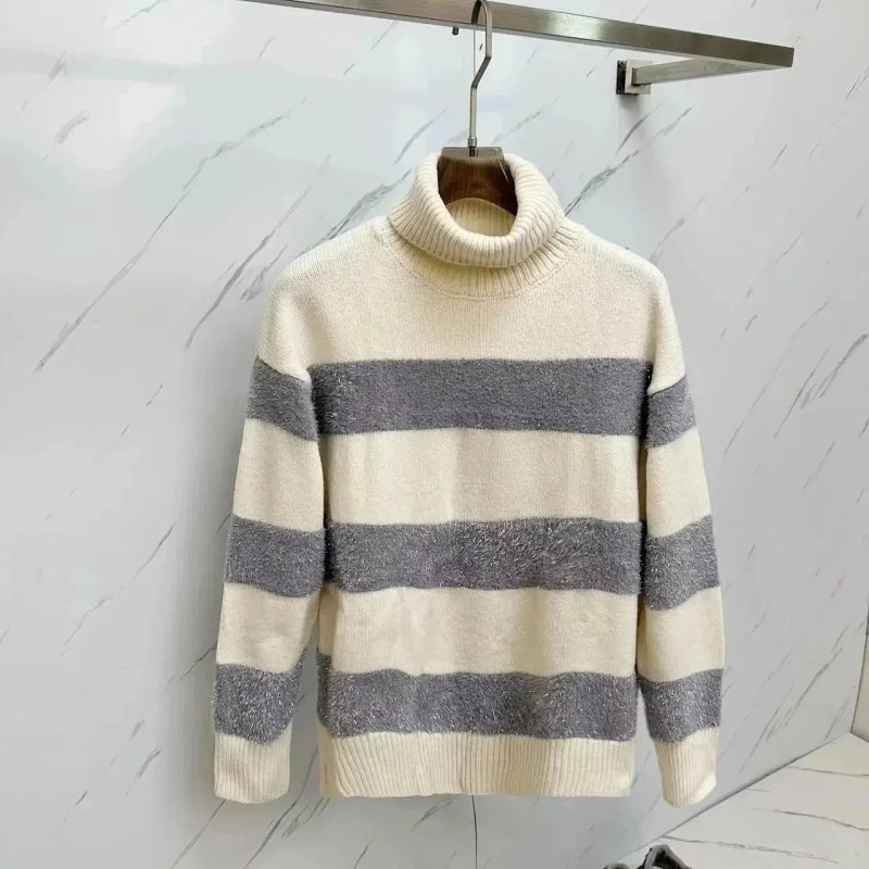 Striped Turtleneck Sweater in Cream and Gray Metallic Stripes