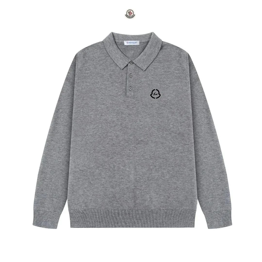 Moncler Logo Knit Polo Gray Sweater - 1