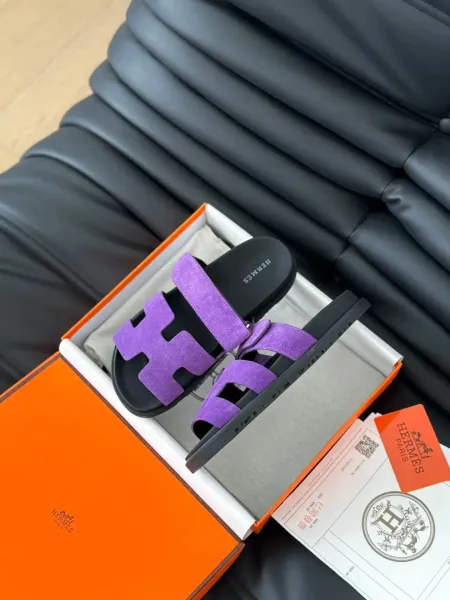 Hermès Oran Sandals Purple Suede and Black Rubber Slippers - 1