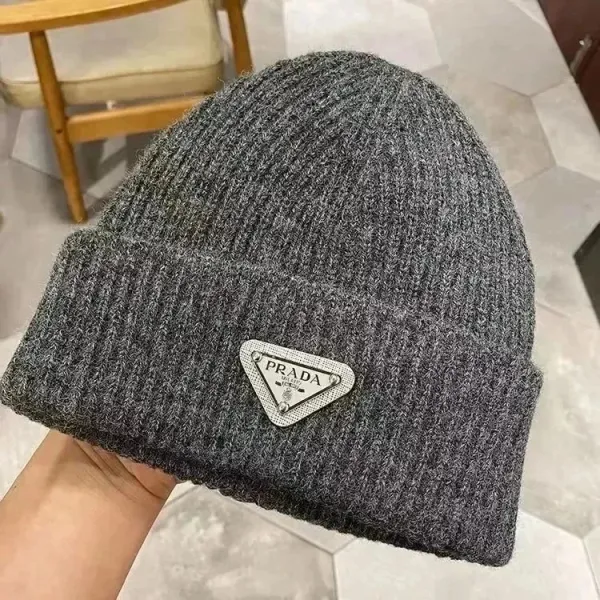 Prada Logo Patch Beanie Gray Knit Hat - 1