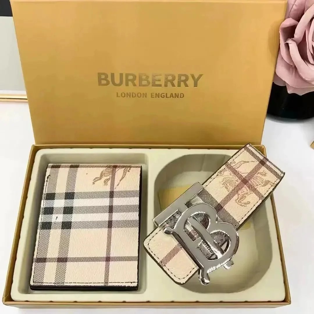 Burberry Vintage Check TB Monogram Belt and Card Holder Set Beige Plaid Accessories - 1