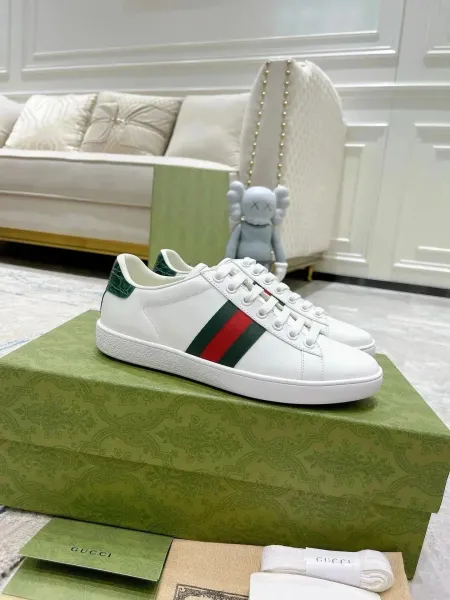 Gucci Ace White Leather Sneakers with Green-Red Web Stripe - 1