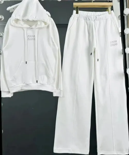 Miu Miu Logo-Embroidered White Hoodie and Sweatpants Set - 1