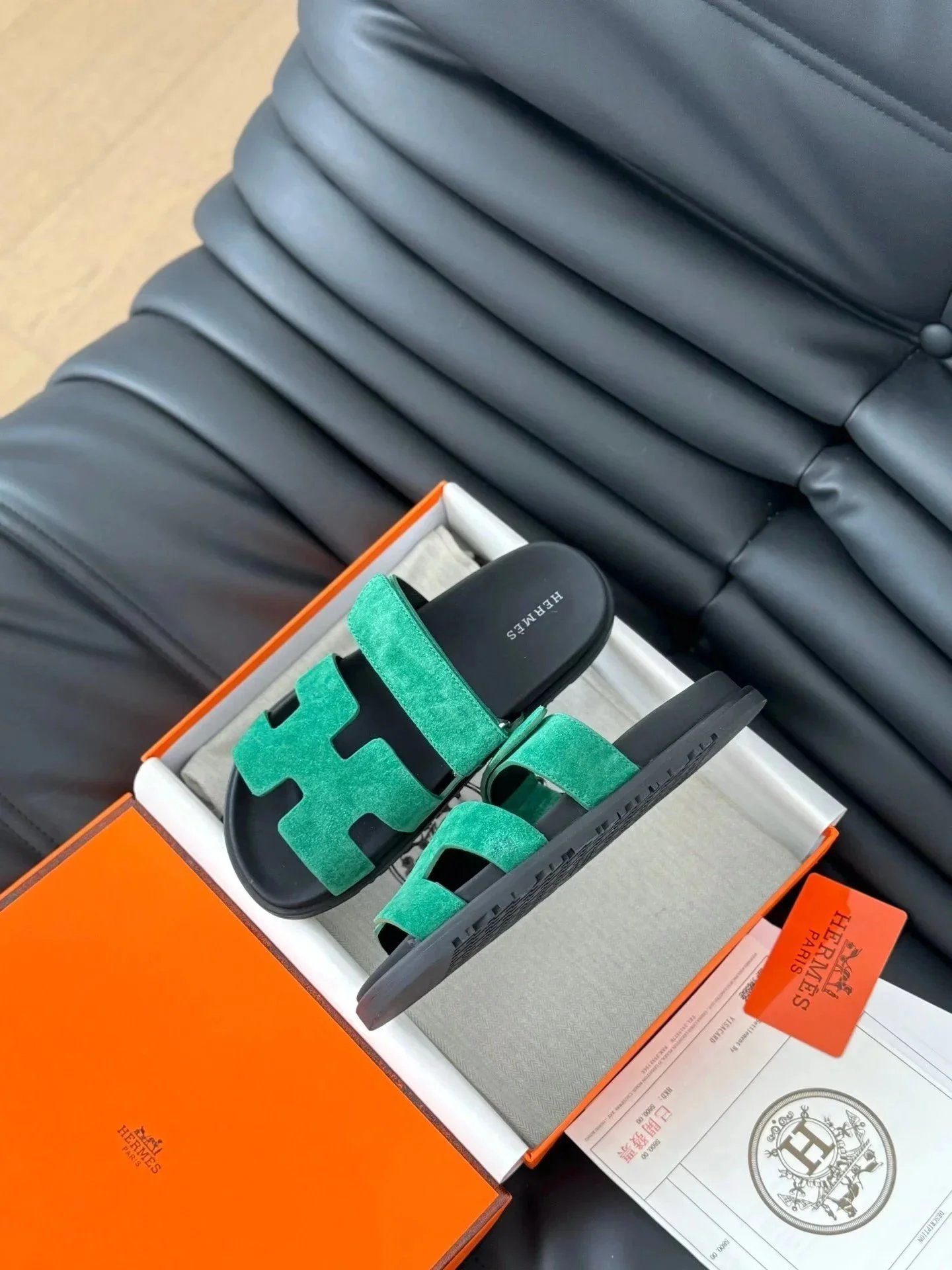 Hermès Oran Sandals Emerald Green Suede and Rubber Slippers - 1