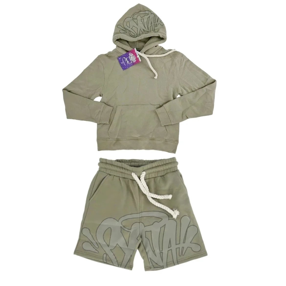 Design Cropped Hoodie and Split-Hem Sweatpants Set Gray with Pink Drawstrings - 9