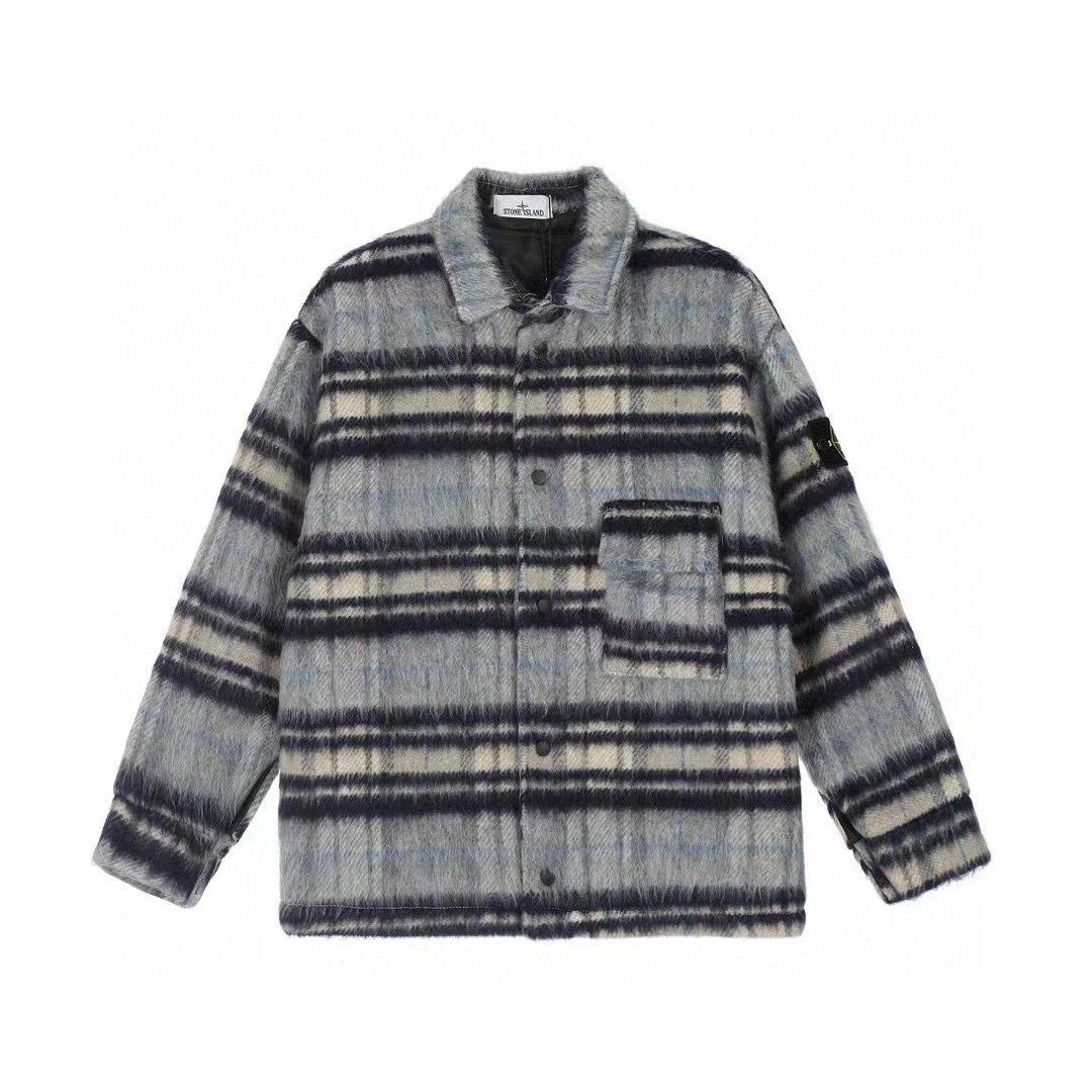 Stone Island Striped Fleece Shirt-Jacket Gray Navy Multicolor - 16