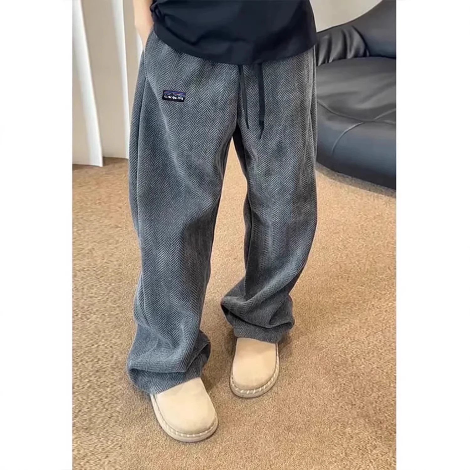 Herringbone Wool Blend Gray Relaxed Fit Trousers