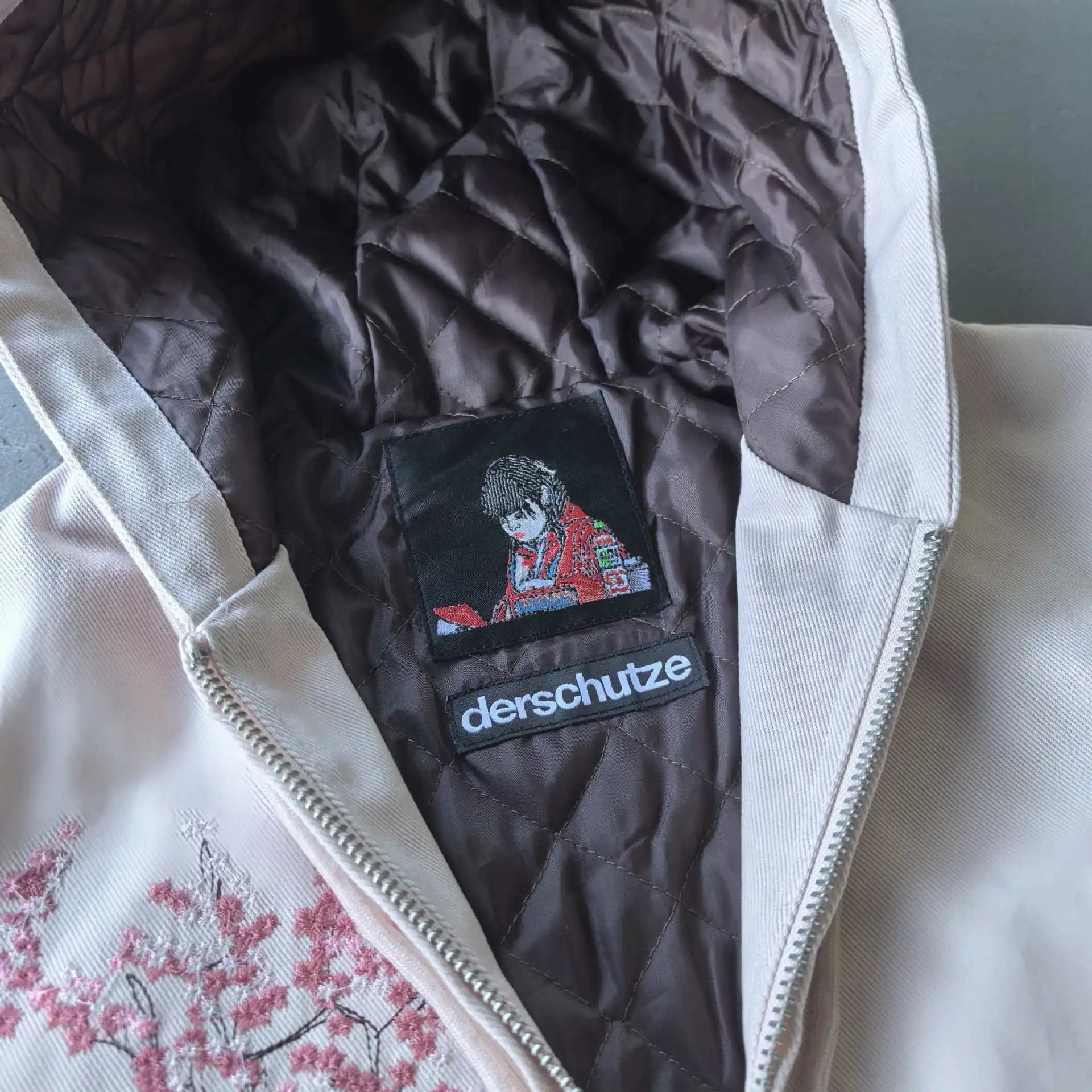 Design Cherry Blossom Print Hooded Bomber Jacket Beige - 6