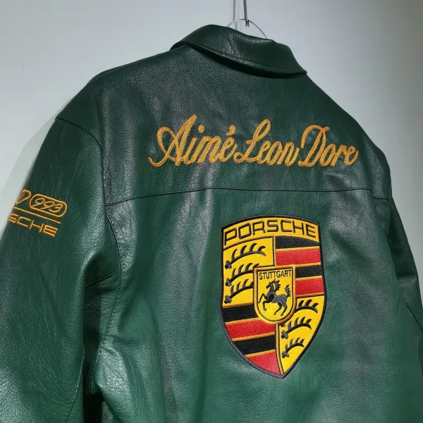 Design Porsche Leather Racing Jacket Green with Yellow Embroidery Leather Jacket - 38