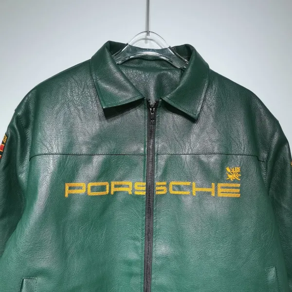 Design Porsche Leather Racing Jacket Green with Yellow Embroidery Leather Jacket - 40