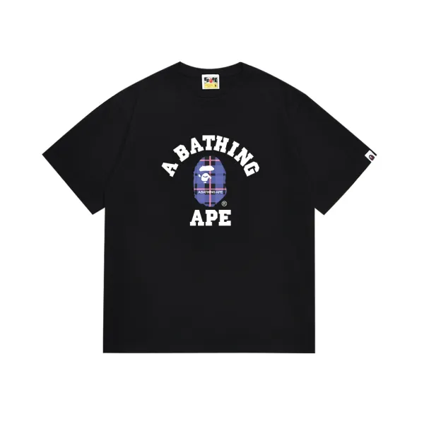 A Bathing Ape Plaid猿人头印花黑色T恤 - 1