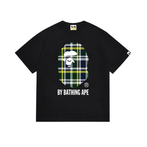 A Bathing Ape Plaid猿人头印花 Black T-Shirt - 1
