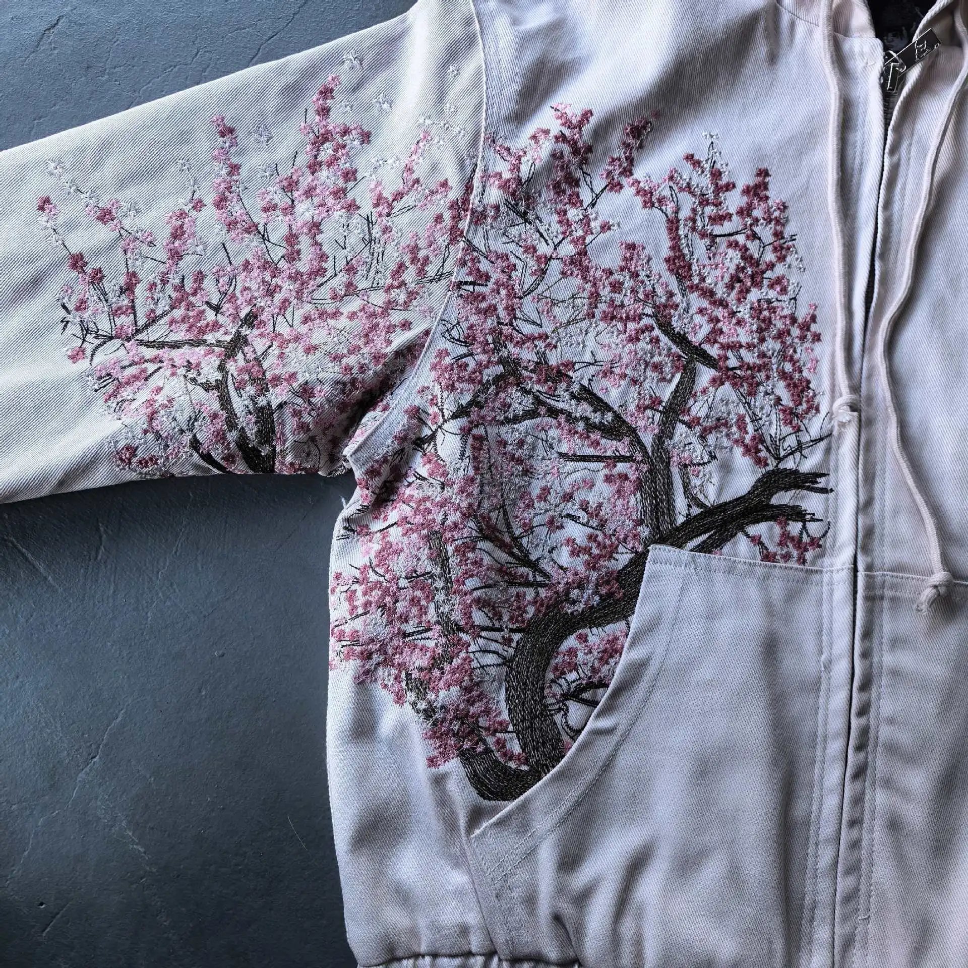 Design Cherry Blossom Print Hooded Bomber Jacket Beige - 5