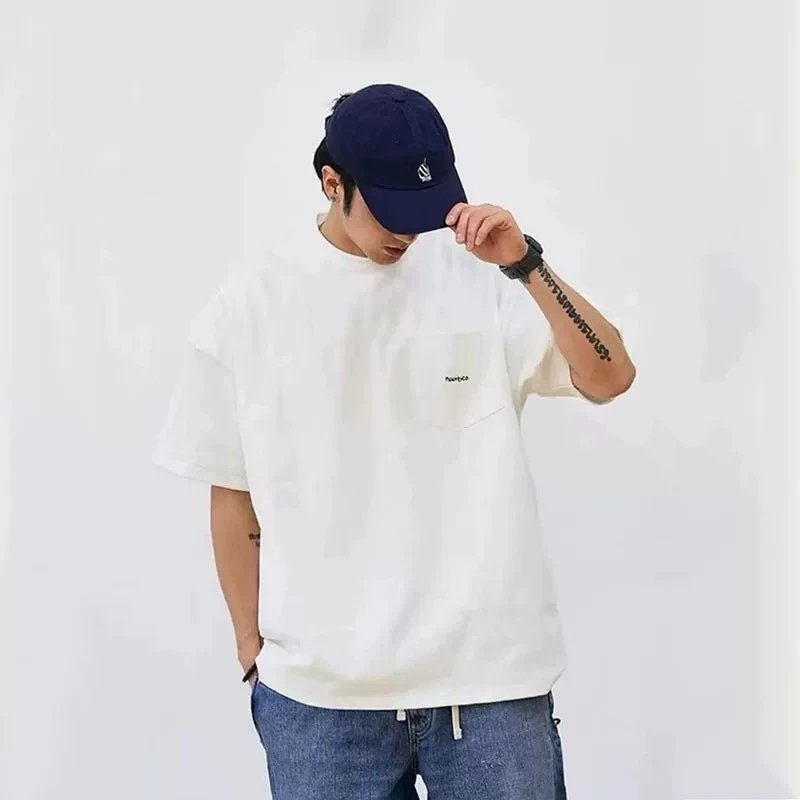 Cotton Pocket Embroidery Long Sleeve T-Shirt Couple Vintage photo 3