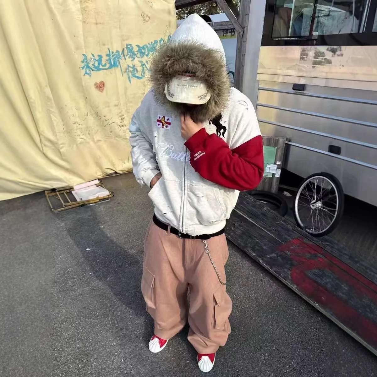 Colorblock Distressed Hoodie Jacket