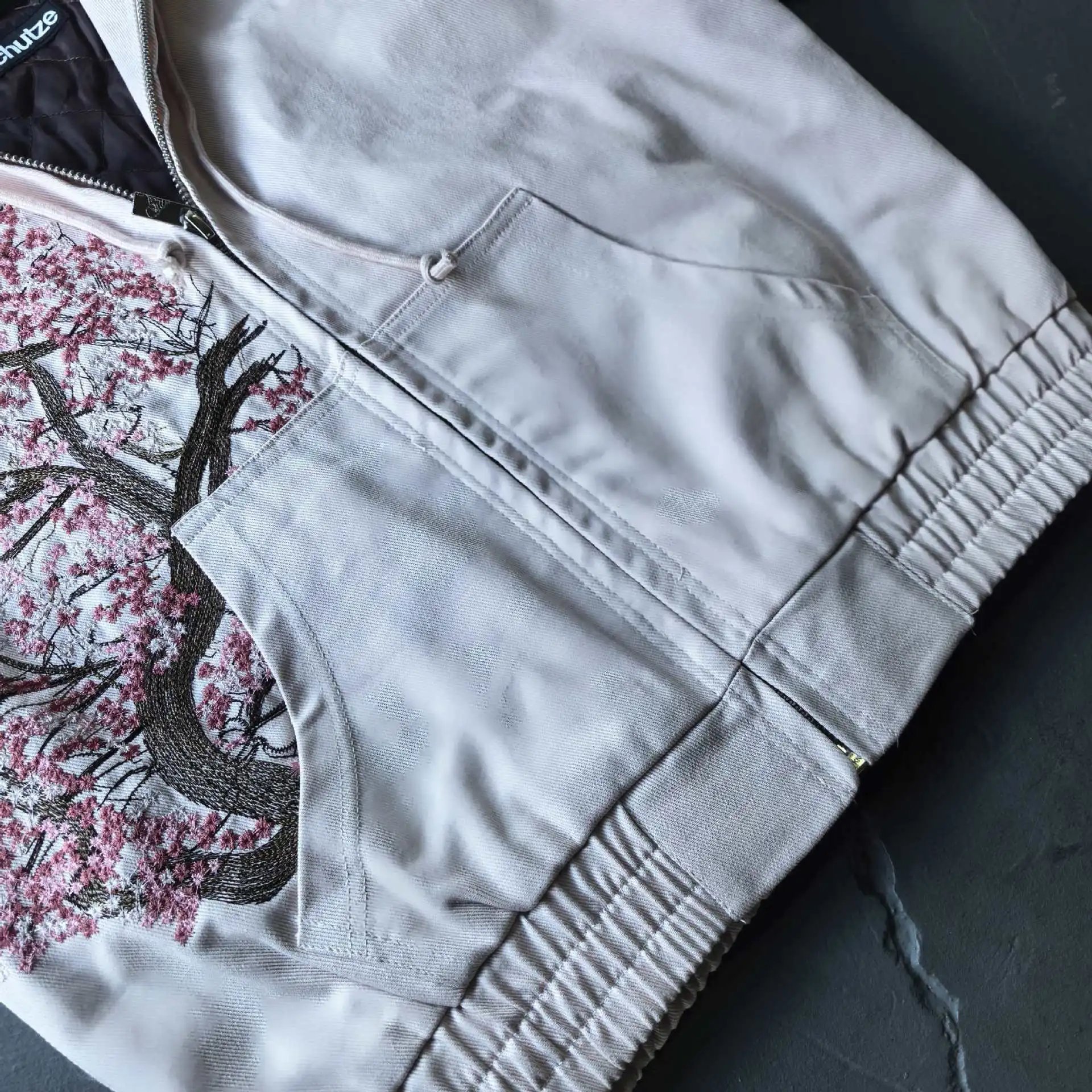 Design Cherry Blossom Print Hooded Bomber Jacket Beige - 7