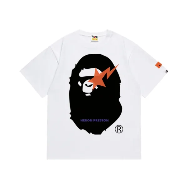 A Bathing Ape x Heron Preston猿人头闪电印花白色T恤 - 1