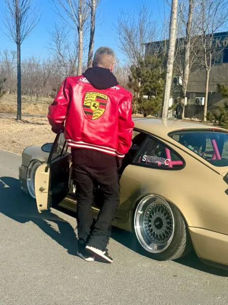 Design Porsche Leather Racing Jacket Green with Yellow Embroidery Leather Jacket - 6