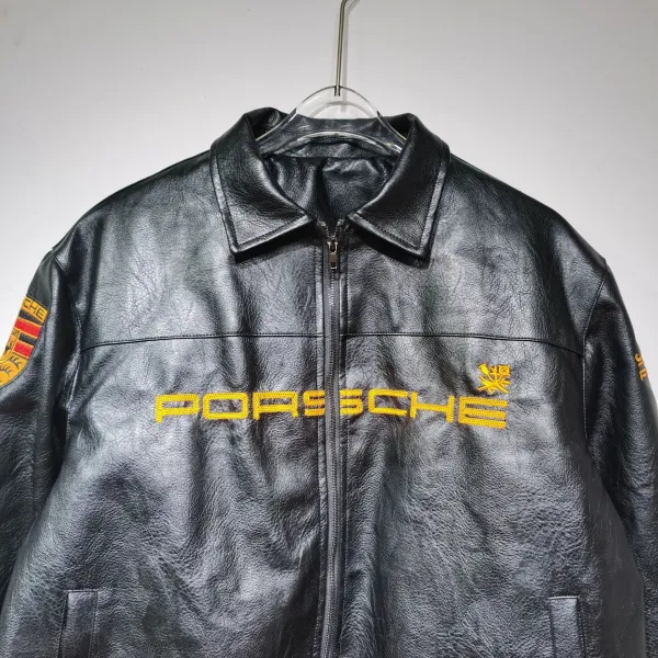 Design Porsche Leather Racing Jacket Green with Yellow Embroidery Leather Jacket - 18