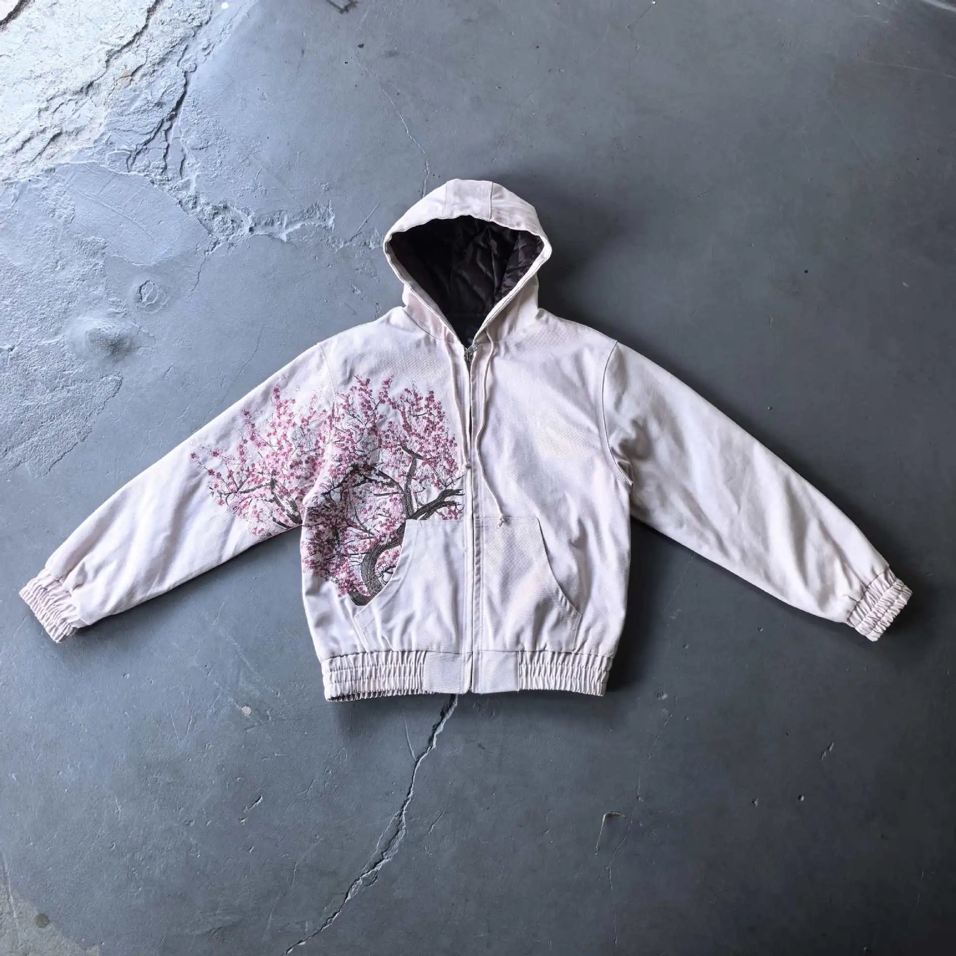 Design Cherry Blossom Print Hooded Bomber Jacket Beige - 4