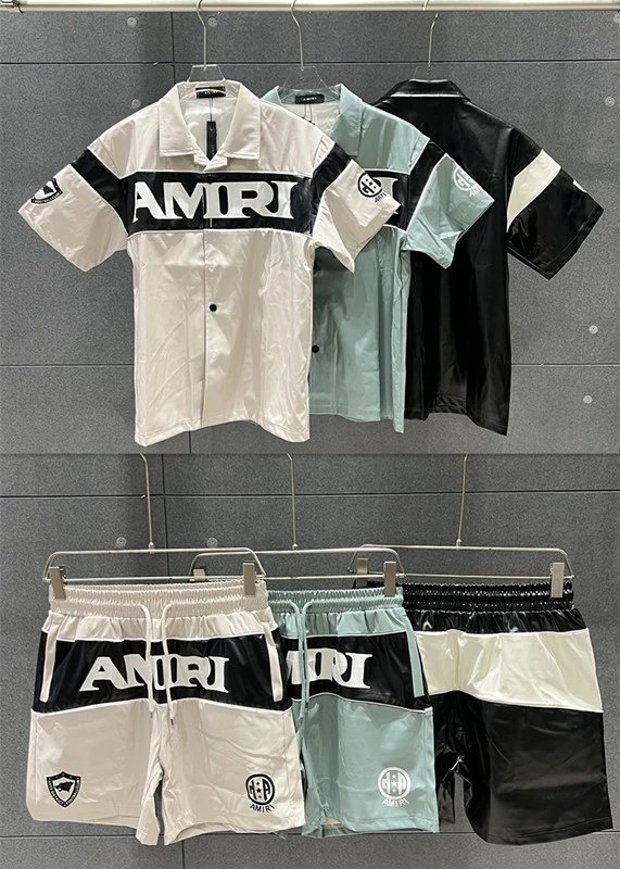 Letter Spliced PU Short Sleeve Shirt and Shorts Set photo 8