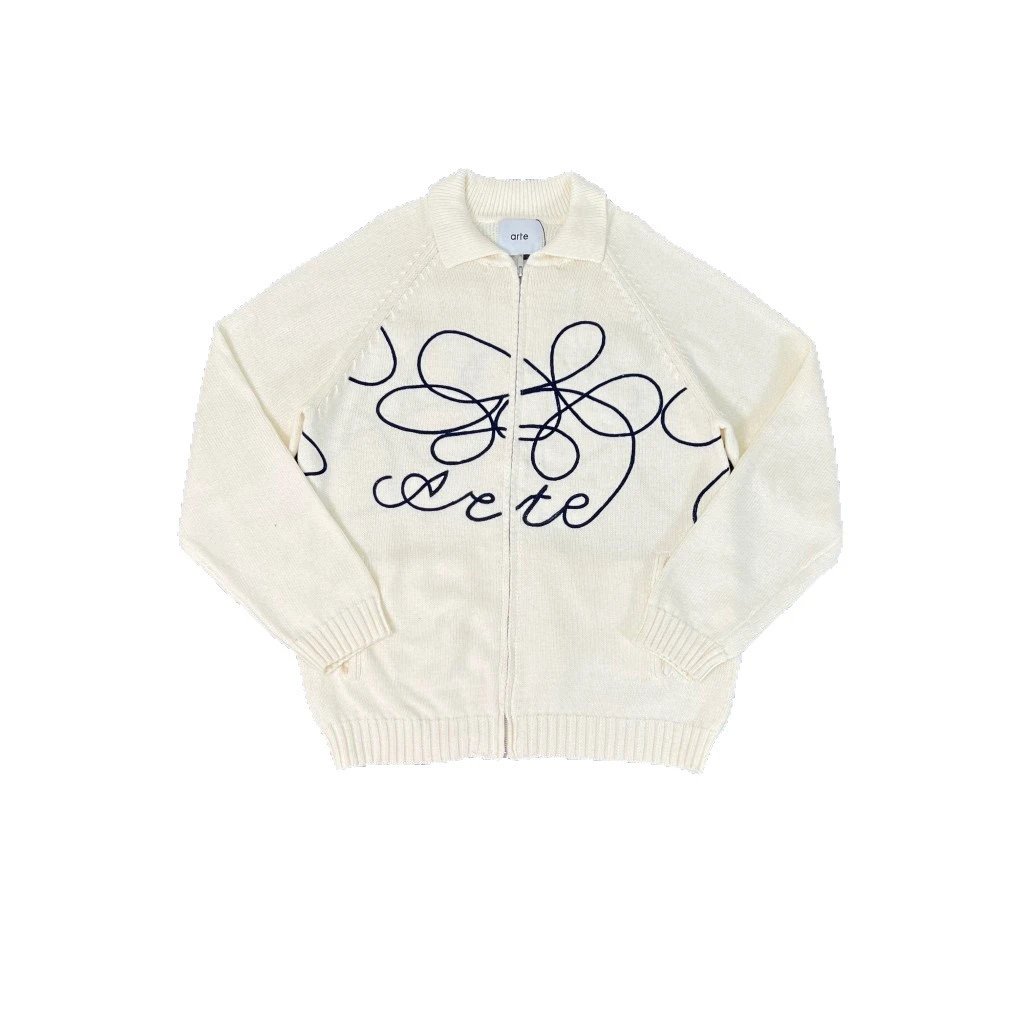Arte Knit Zip-Up Cream Abstract Script Cardigan