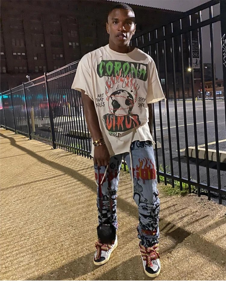 Water-Washed Distressed Graffiti Flame Print T-Shirt photo 7