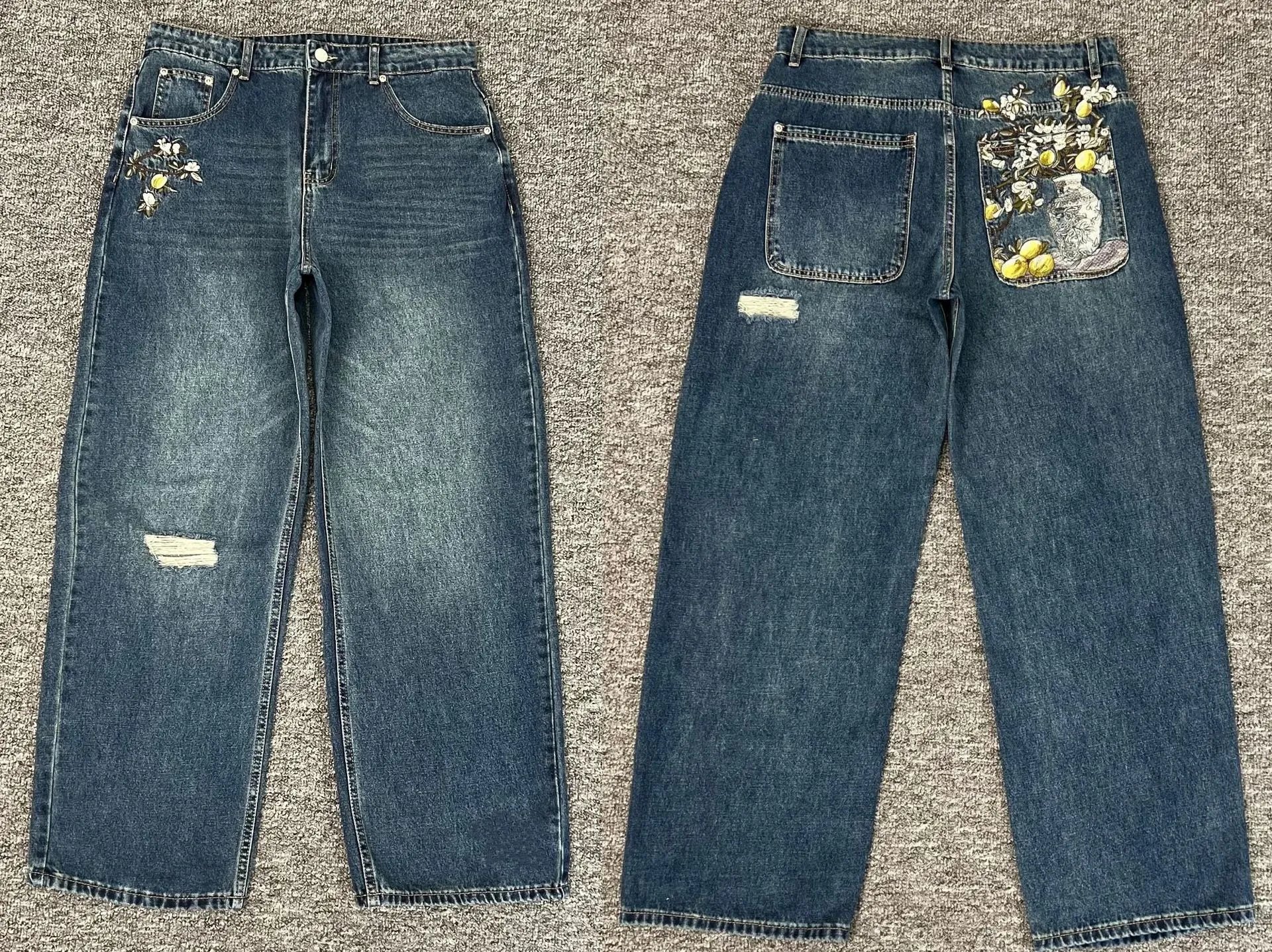 Embroidered Lemon Floral Patch Wide-Leg Jeans - 1