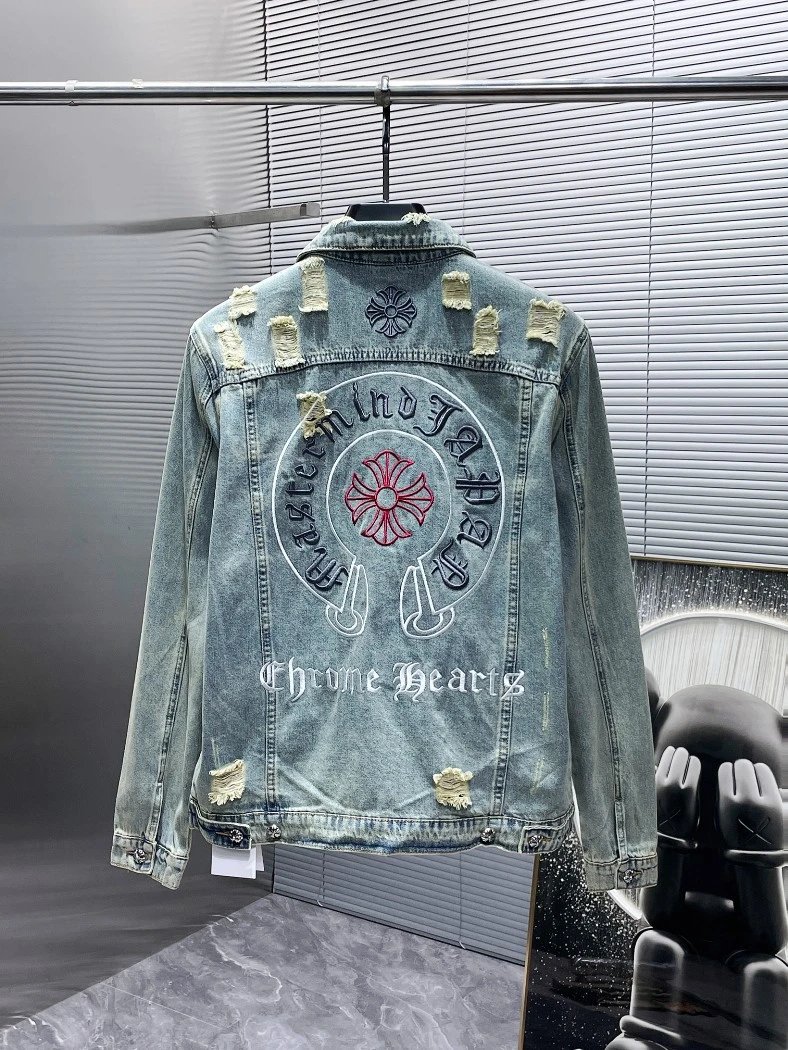 Embroidered Logo Distressed Denim Jacket photo 2