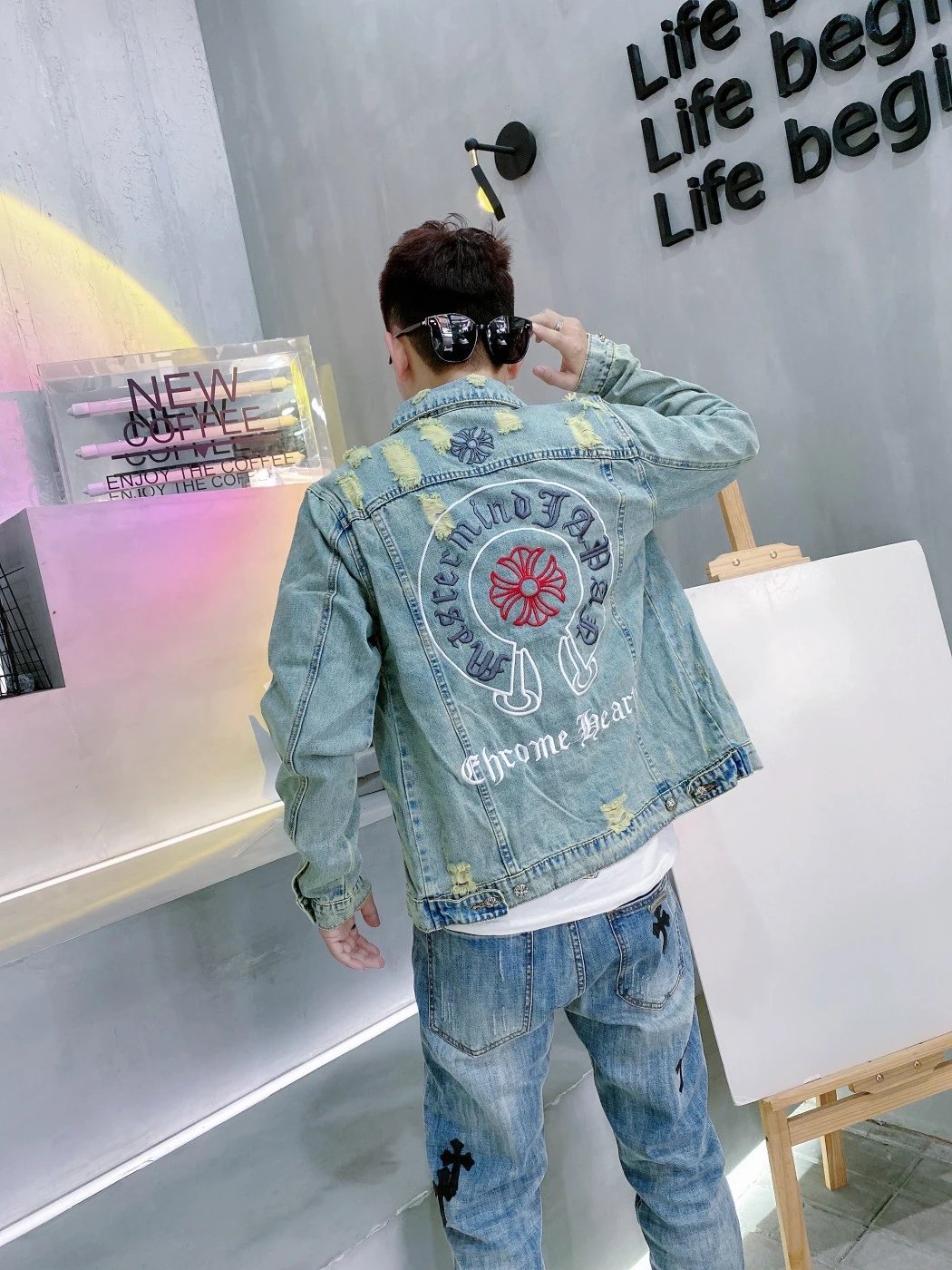 Embroidered Logo Distressed Denim Jacket photo 8