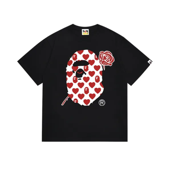 A Bathing Ape Heart Ape Head Rose Print Black T-Shirt - 1