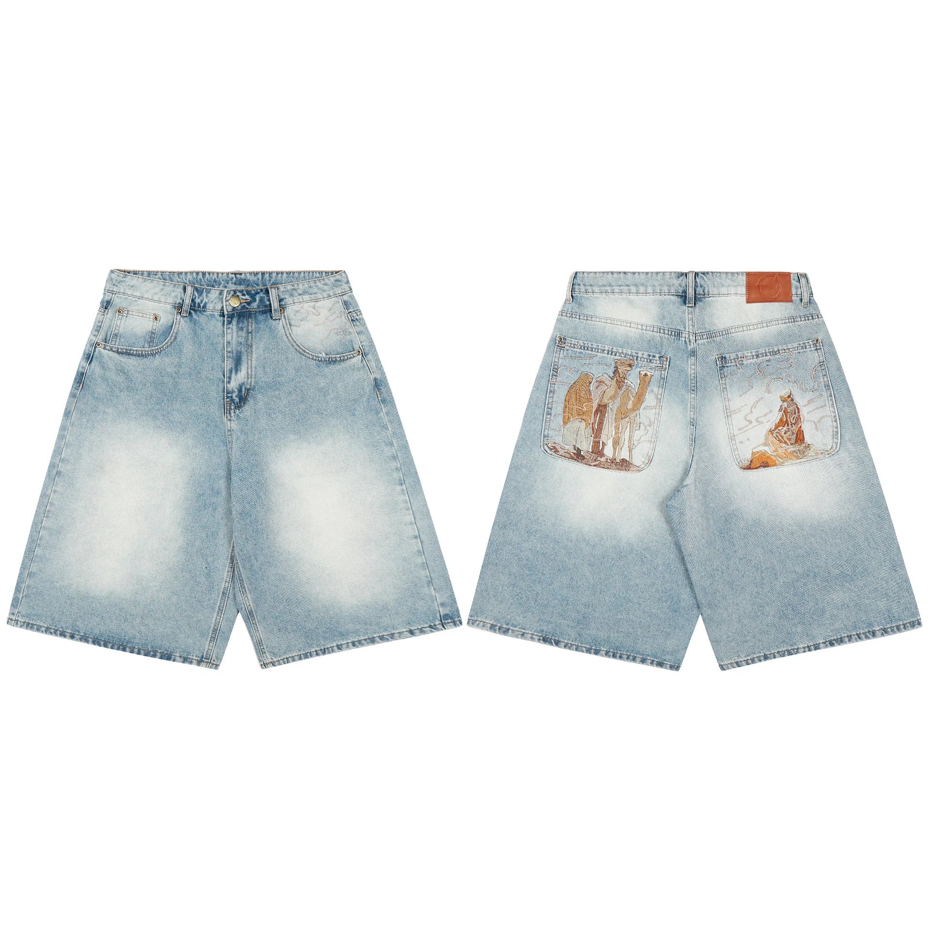 Design Embroidered Pocket Art Denim Shorts Light Wash - 1