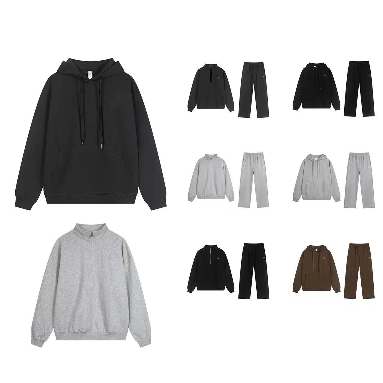 Cotton Blend Hooded Zipper Sweatshirt Set Beige Brown Black Navy Casual Tracksuit