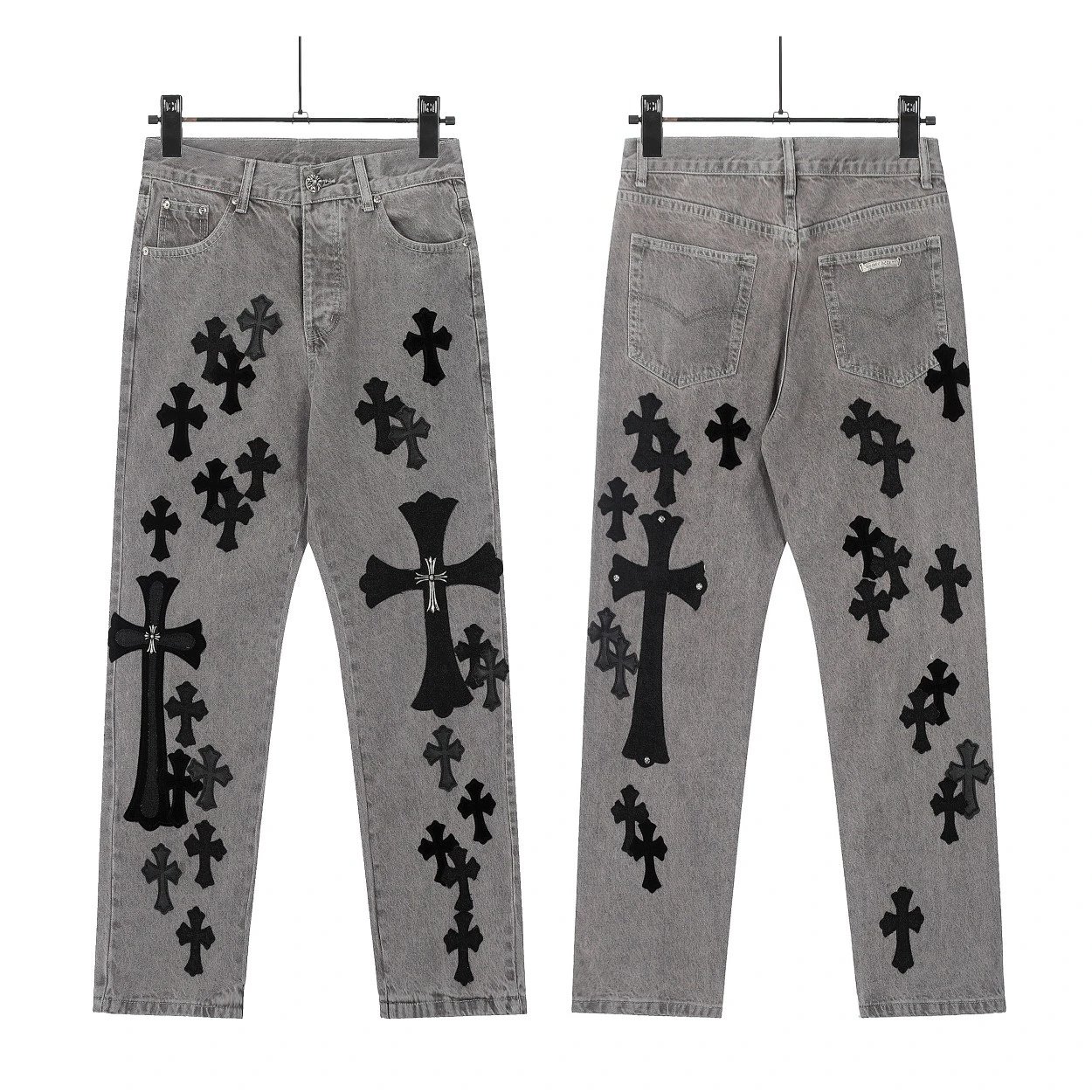 Chrome Hearts Cross-Embroidered Distressed Gray Jeans - 1