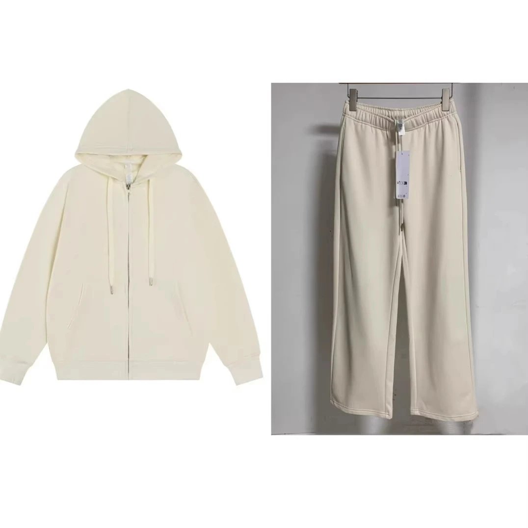 Cotton Blend Hooded Zipper Sweatshirt Set Beige Brown Black Navy Casual Tracksuit