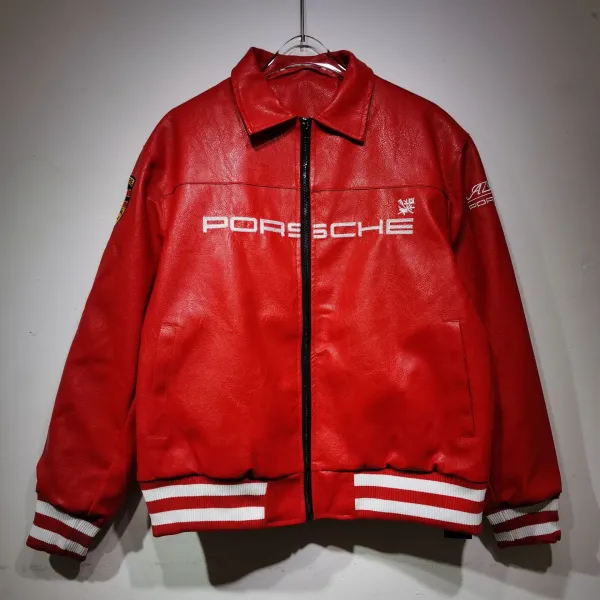 Design Porsche Leather Racing Jacket Green with Yellow Embroidery Leather Jacket - 32