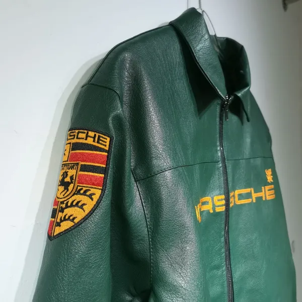 Design Porsche Leather Racing Jacket Green with Yellow Embroidery Leather Jacket - 41