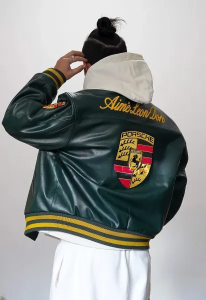 Design Porsche Leather Racing Jacket Green with Yellow Embroidery Leather Jacket - 4