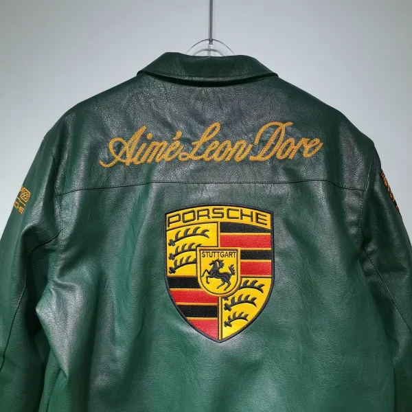 Design Porsche Leather Racing Jacket Green with Yellow Embroidery Leather Jacket - 39