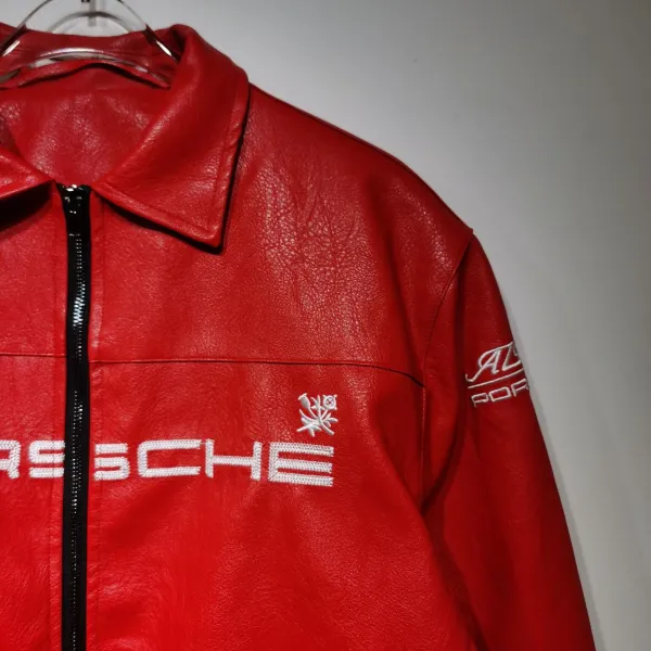 Design Porsche Leather Racing Jacket Green with Yellow Embroidery Leather Jacket - 33