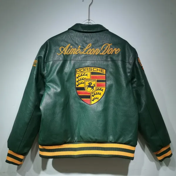 Design Porsche Leather Racing Jacket Green with Yellow Embroidery Leather Jacket - 35