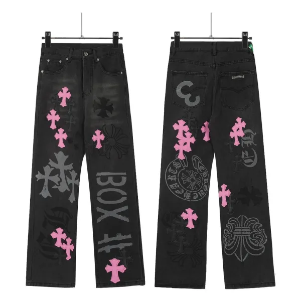 Chrome Hearts x Box Logo Black Distressed Cross-Embroidered Jeans - 1