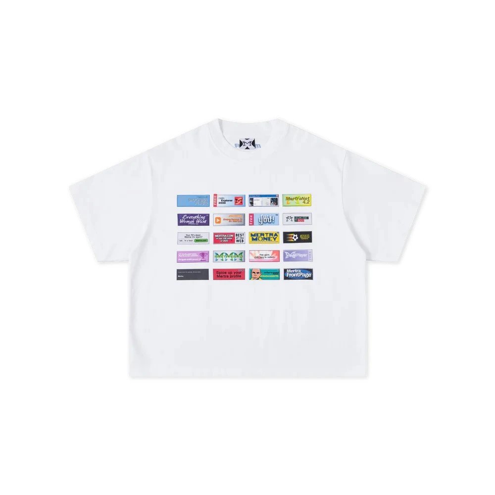 White Graphic Print T-Shirt With Web Banner Collage Streetwear