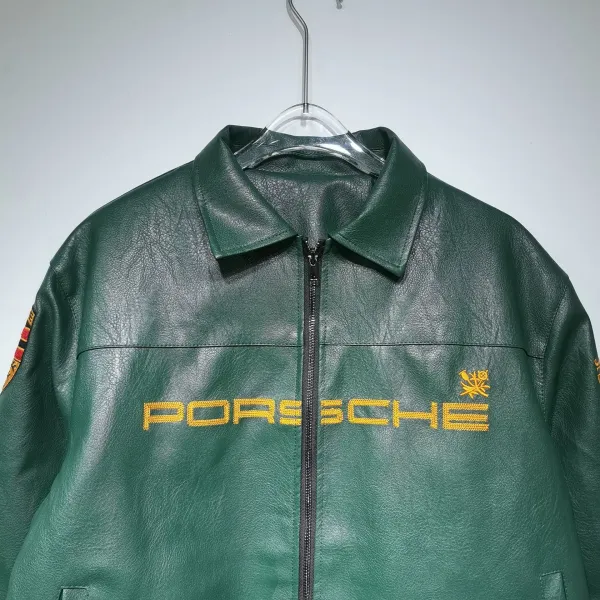 Design Porsche Leather Racing Jacket Green with Yellow Embroidery Leather Jacket - 43