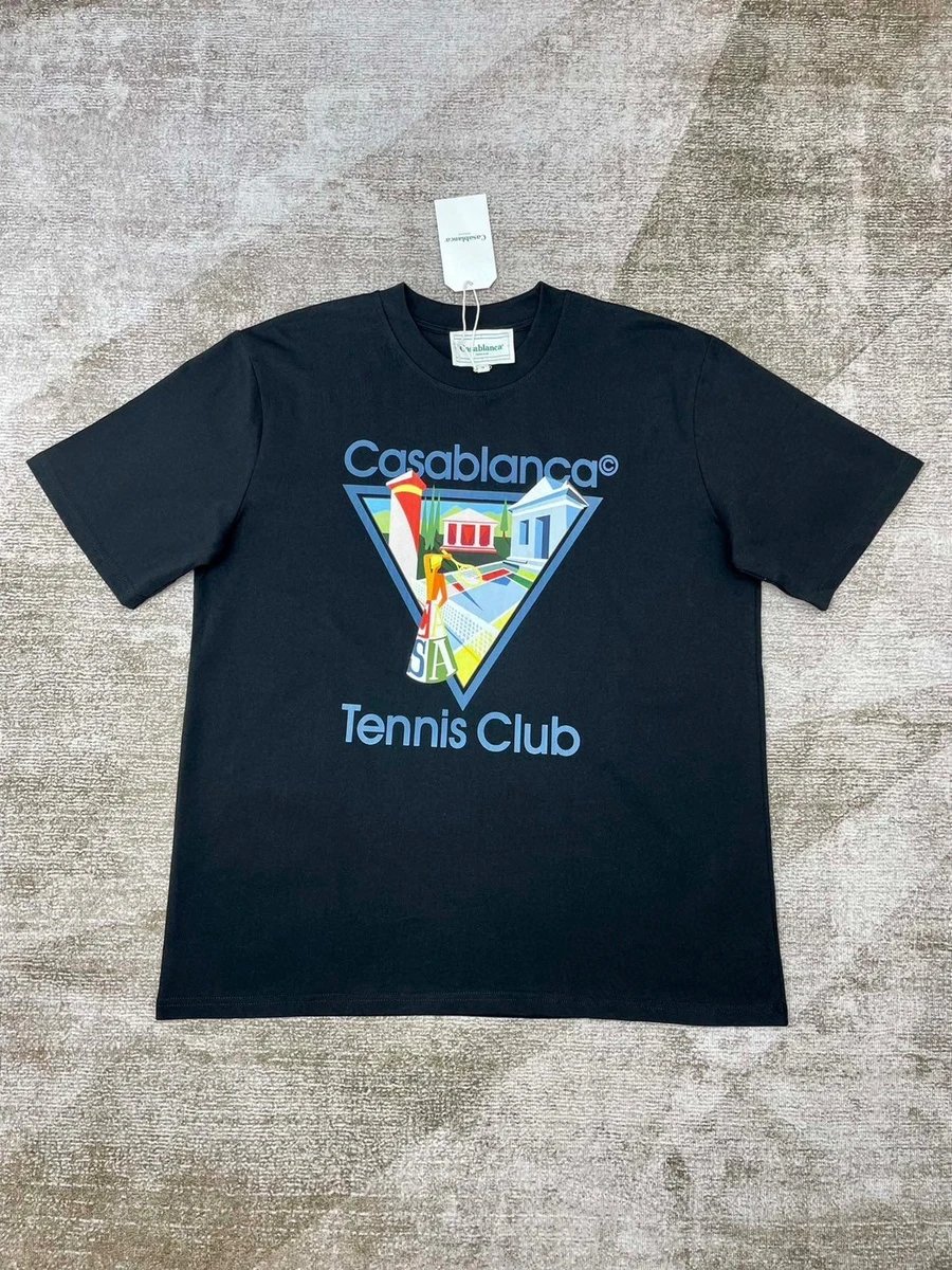 New Summer Streetwear Inverted Triangle Tennis Court Graphic Print Short Sleeve T-Shirt for Men and Women, Black, Versatile & Stylish