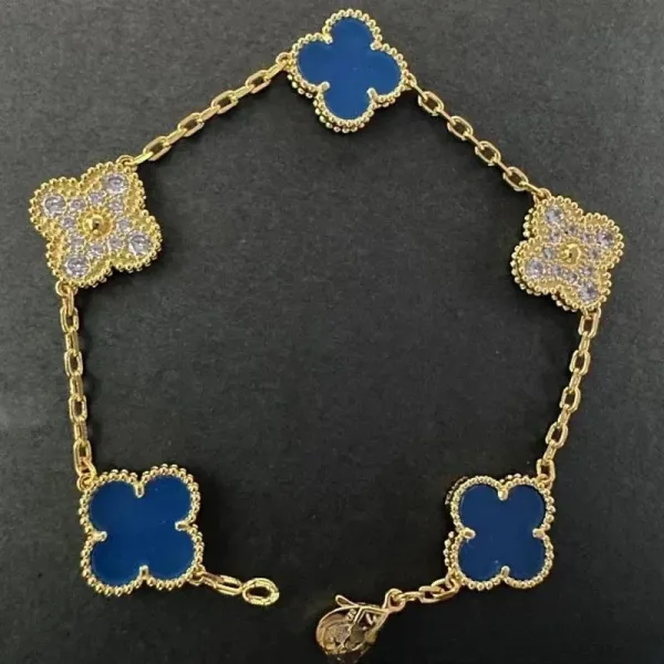 Van Cleef & Arpels Alhambra Five Motifs Bracelet Blue Enamel and Diamonds Yellow Gold Bracelet - 1