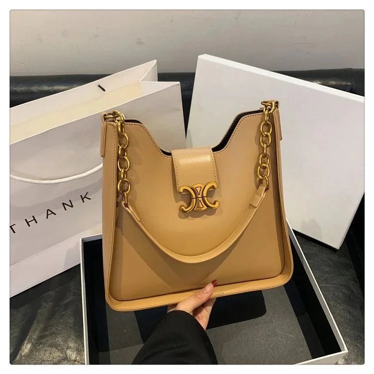 Celine Triomphe Chain Hobo Bag Brown Leather Handbag - 3