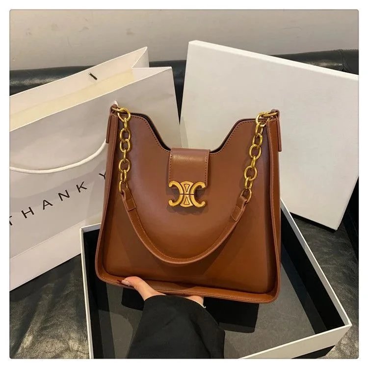 Celine Triomphe Chain Hobo Bag Brown Leather Handbag - 1