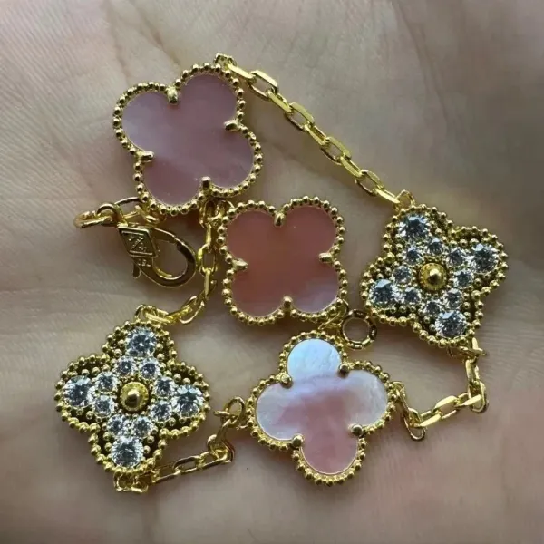 Van Cleef & Arpels Alhambra Five Motifs Bracelet Pink Mother-of-Pearl and Diamond Gold Bracelet - 1