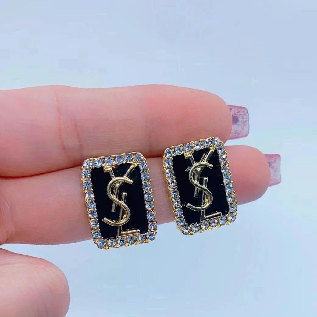 YSL Monogram Rectangular Crystal-Embellished Stud Earrings Black - 1